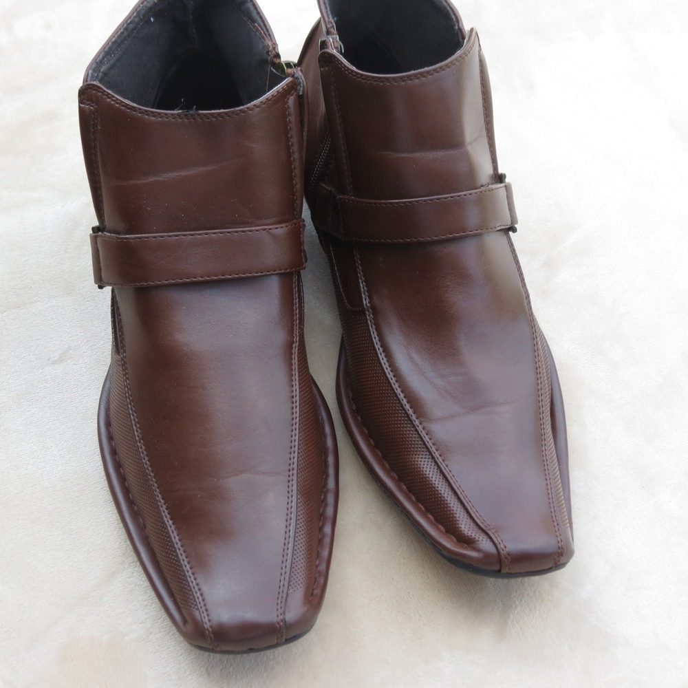 Unbranded Ankle Boots Mens Brown Square Toe Side Zip Monk Strap Textured Leather